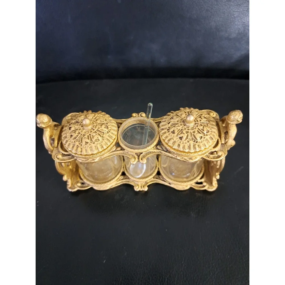 Vintage Set‎ Glass Brass Ornate Condiment Jars On Tray With Angels Cruet Carafe